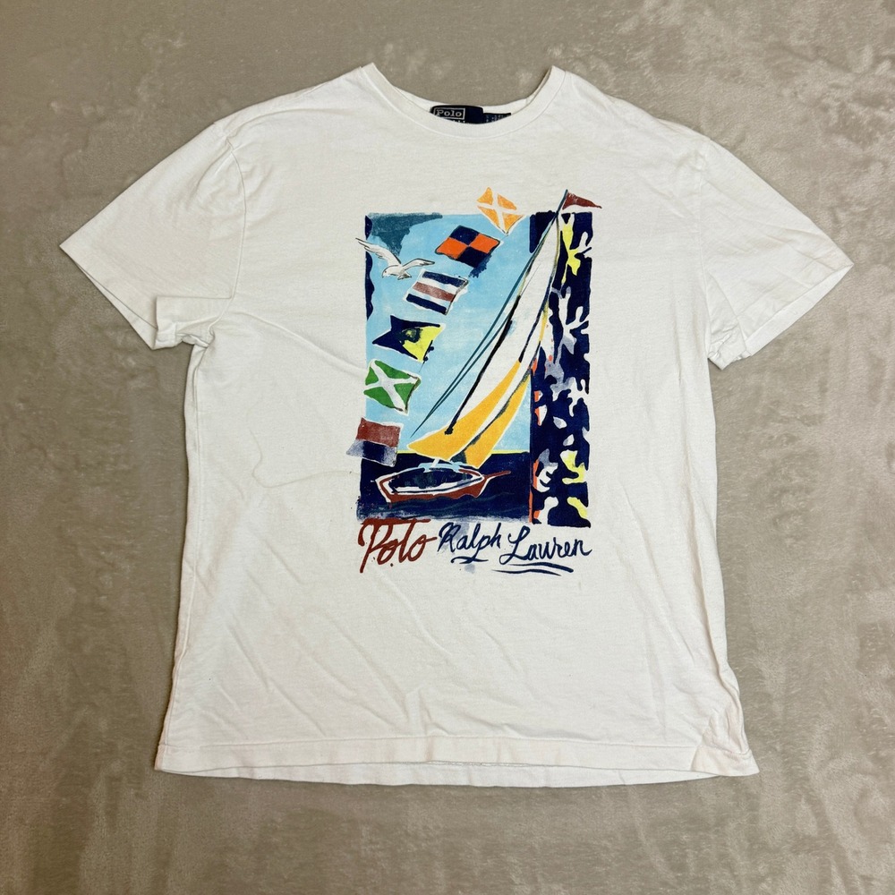 Polo Ralph Lauren T-Shirt Mens Small White Classic Fit Sailboat Graphic Nautical